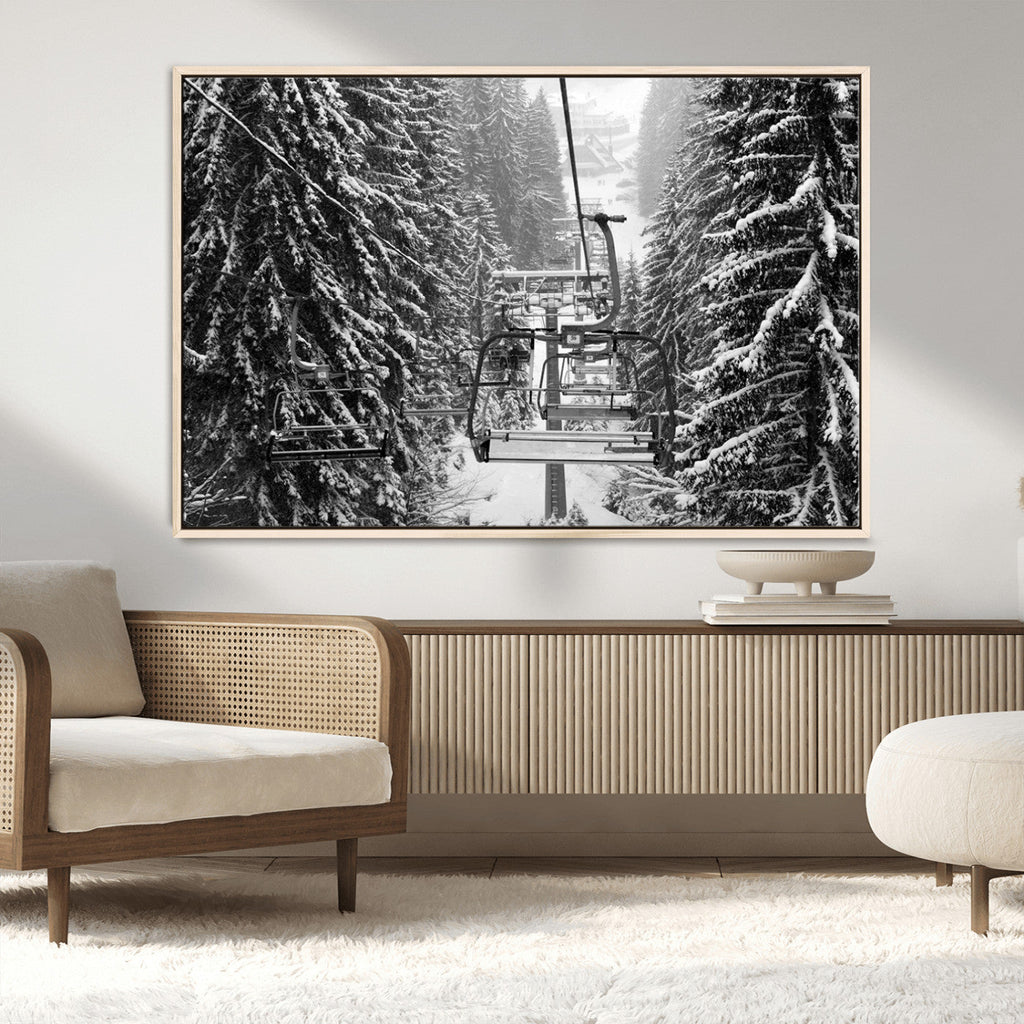 Winter Ski Lift Black and White Canvas Wall Art | Alpine Escape in Minimalist Style