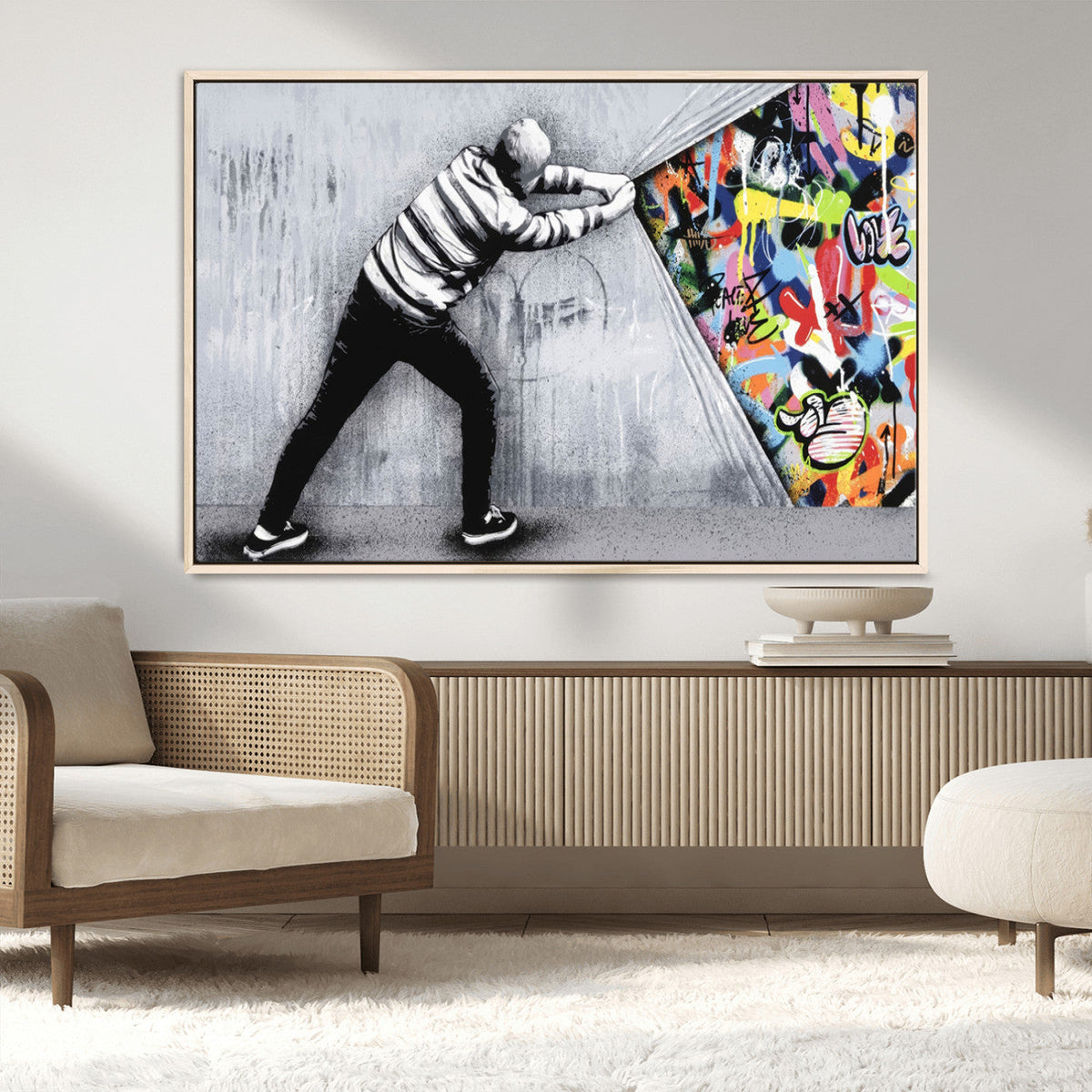 Banksy Art Behind the Curtain Street Wall Art Canvas Print | Urban Graffiti Style Wall Decor