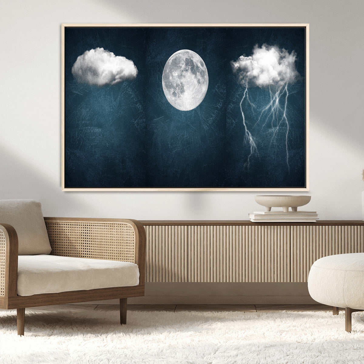 3 Piece Indigo Cloud Wall Art, Thunderstorm Moon Cloud Artwork