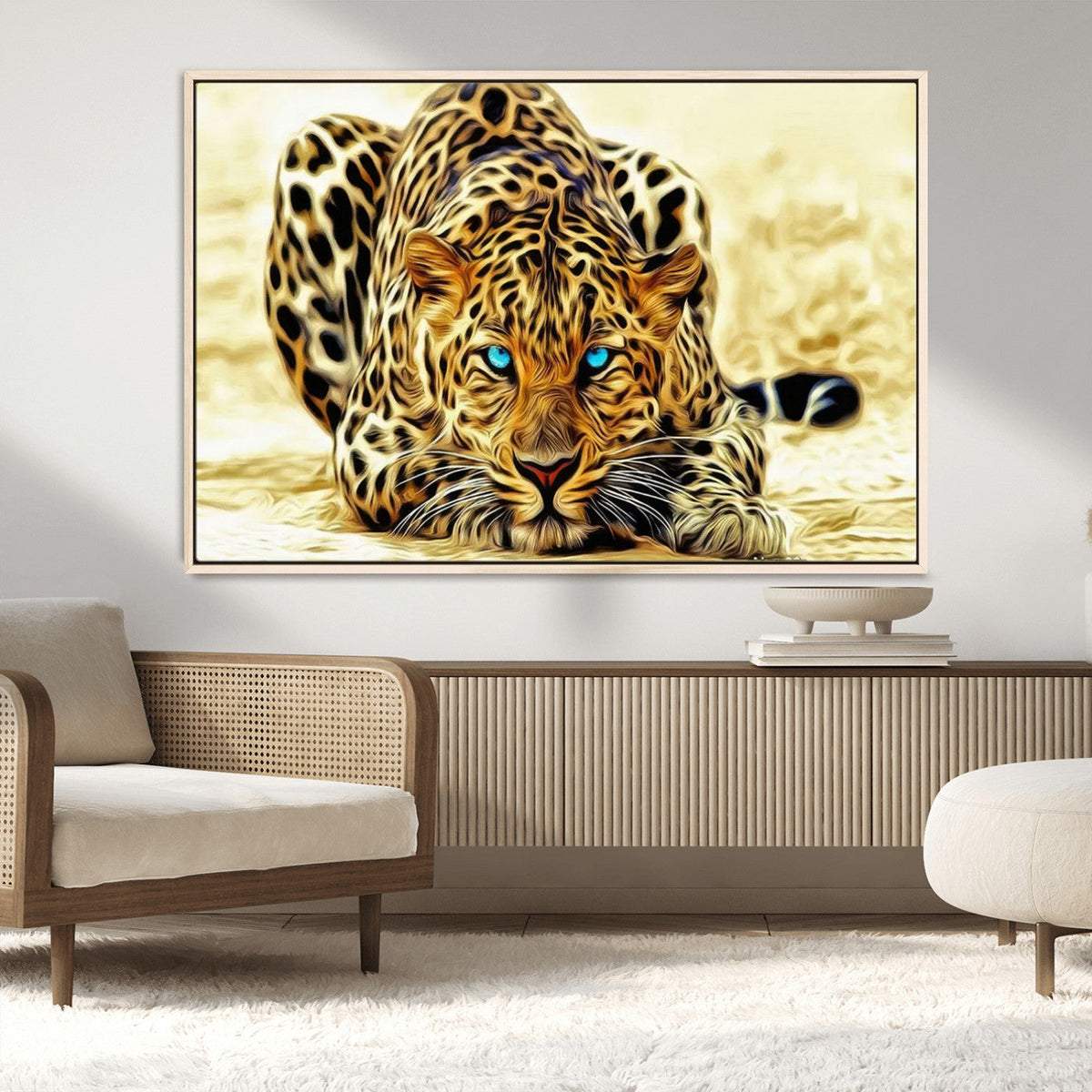 Blue-Eyed Leopard Canvas Wall Art, Framed Animal Print, Fierce and Bold Decor for Living Rooms
