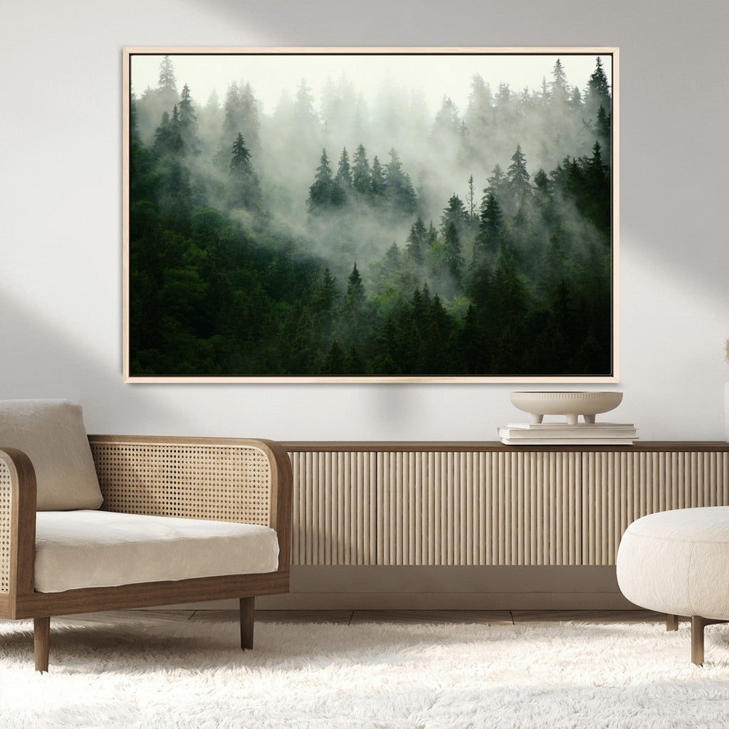 Misty Forest Wall Art | Tranquil Green Woodland Canvas Print