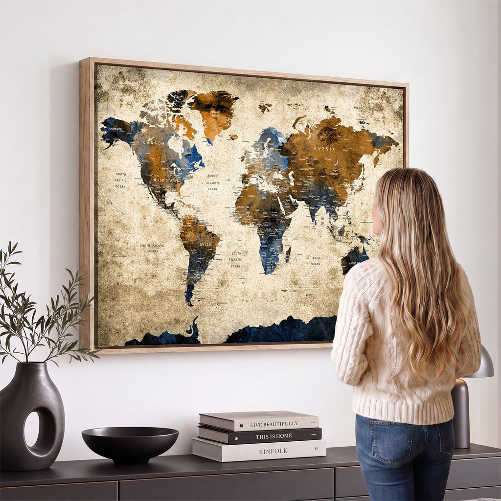 World Map Wall Art | Antique Style Blue and Brown Map Canvas Print
