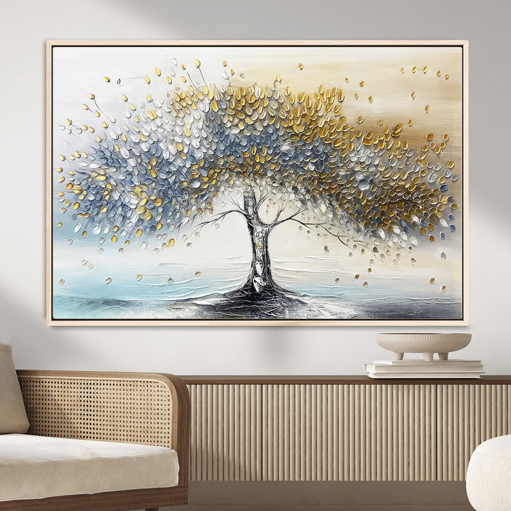 Golden and Silver Tree Wall Art | Framed Elegant Leaves Canvas