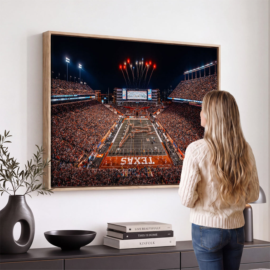 Texas Stadium Night Game Wall Art Canvas Print, Vibrant Football Fireworks Scene