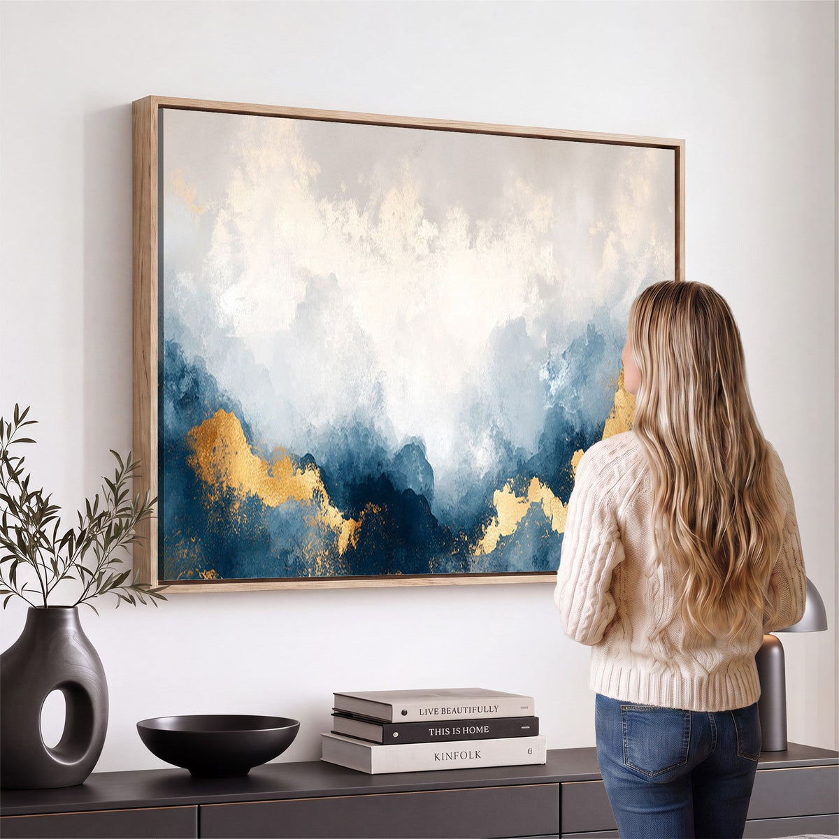 Abstract Blue and Gold Clouds Wall Art Canvas Print, Framed Modern Landscape Artwork