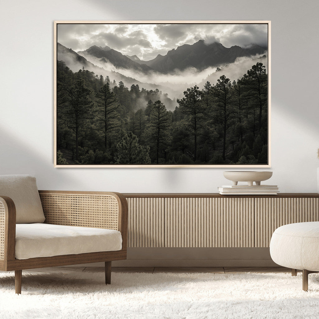 Moody Forest Wall Art | Framed Mountain Fog Canvas Artwork
