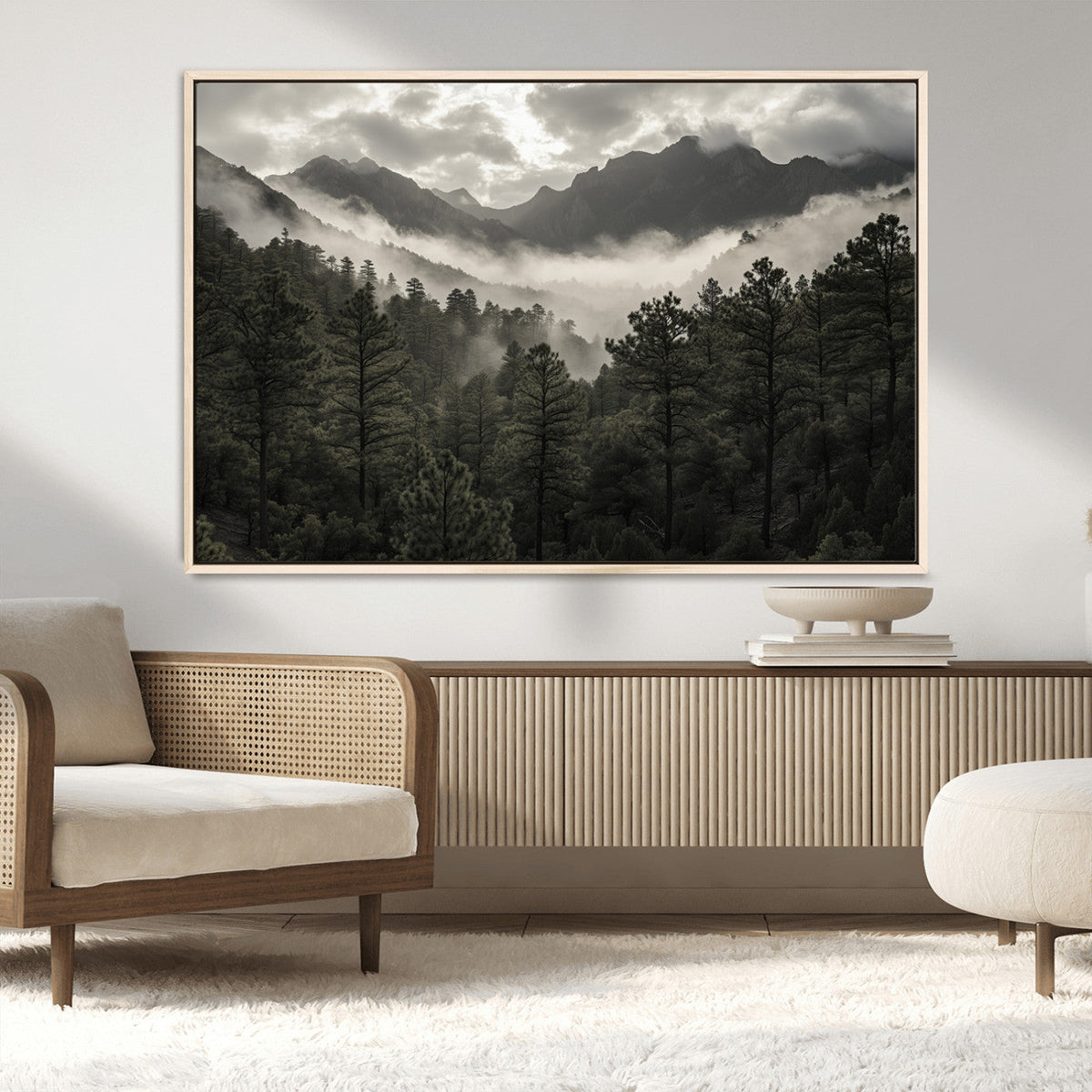 Moody Forest Wall Art | Framed Mountain Fog Canvas Artwork