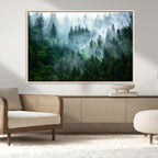 Misty Forest Wall Art Canvas Print, Framed Foggy Mountain Art, Large Scenic Woodland Canvas