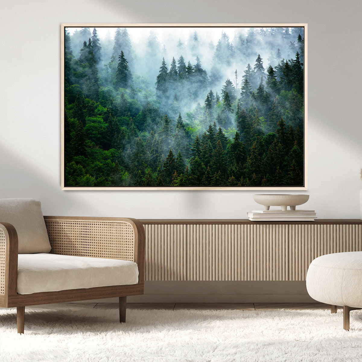 Misty Forest Wall Art Canvas Print, Framed Foggy Mountain Art, Large Scenic Woodland Canvas