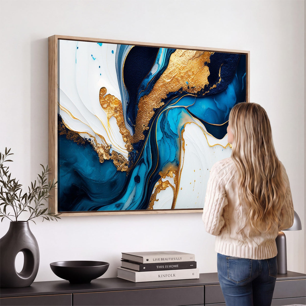 Gold Blue Abstract Canvas Print, Elegant Navy and Gold Marble Flow