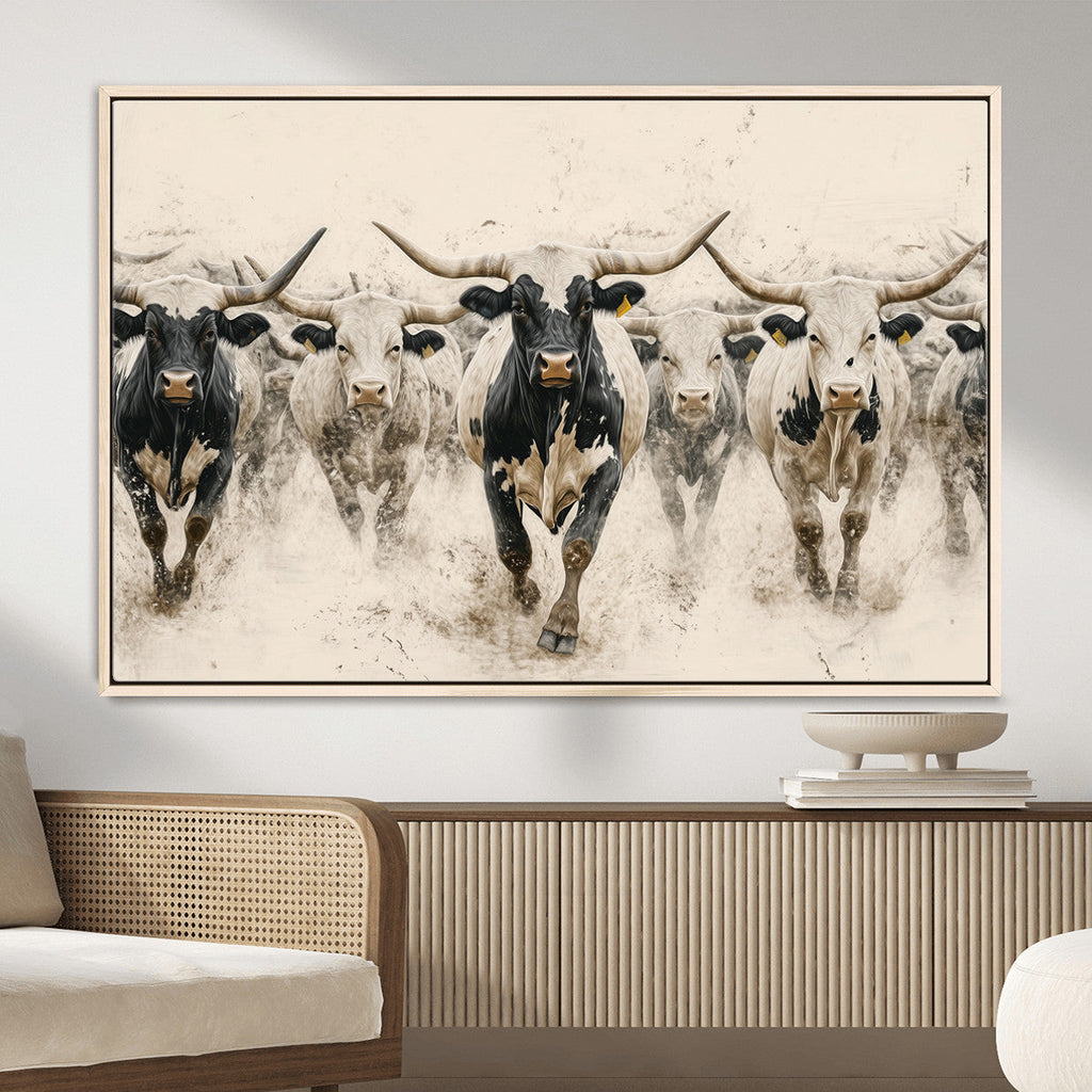 Texas Longhorn Wall Art | Framed Cattle Walking Canvas