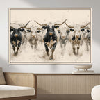 Texas Longhorn Wall Art | Framed Cattle Walking Canvas