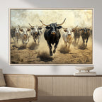 Texas Longhorn Wall Art | Framed Charging Cattle Canvas