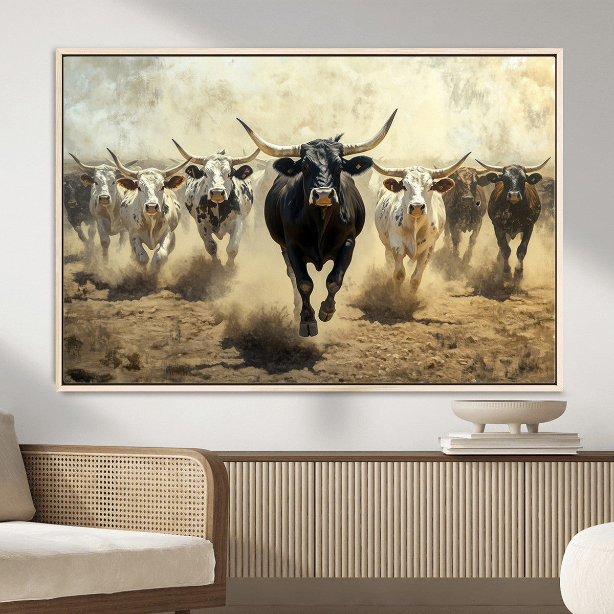 Texas Longhorn Wall Art | Framed Charging Cattle Canvas
