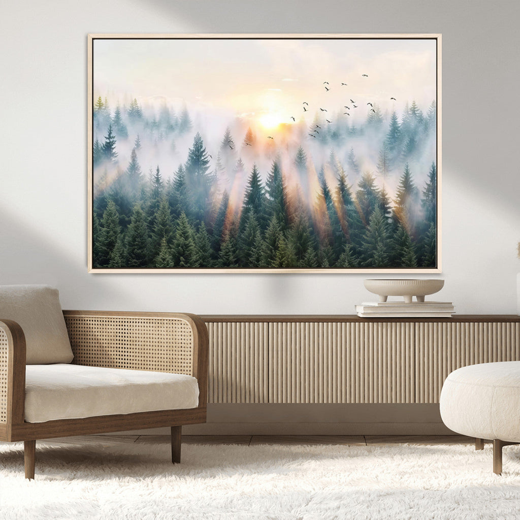 Misty Pine Forest Wall Art Canvas, Sunrise Over Foggy Trees