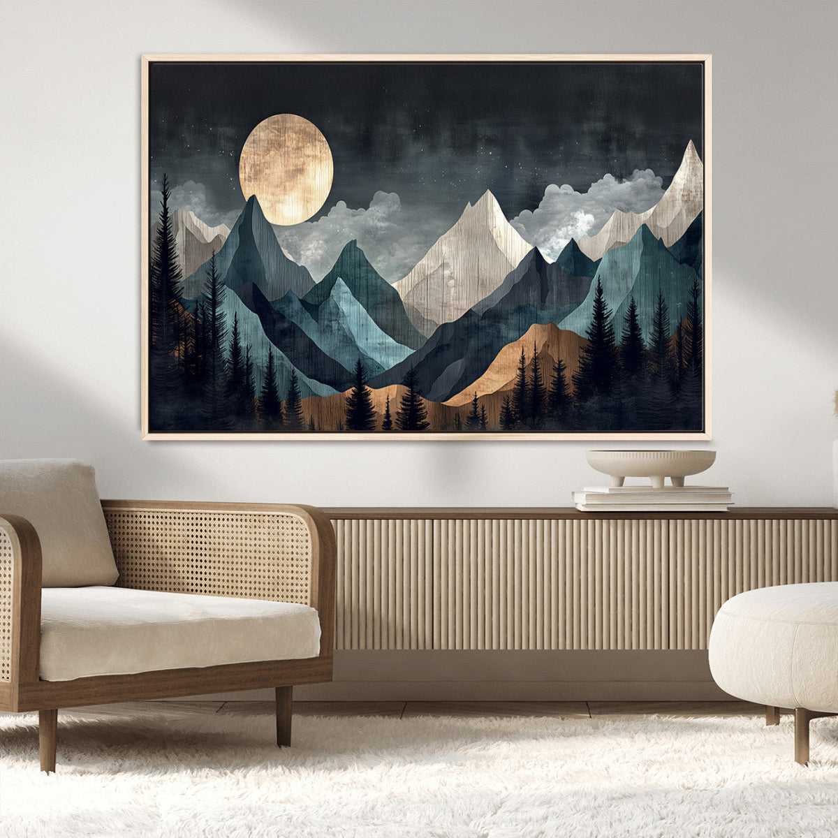Moonlit Mountain Wall Art Canvas Print, Framed Silhouetted Pines Art, Layered Peaks Rustic Decor