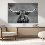 Texas Longhorn Wall Art Canvas Print, Framed Western Bull Photography, Rustic Log Cabin Decor