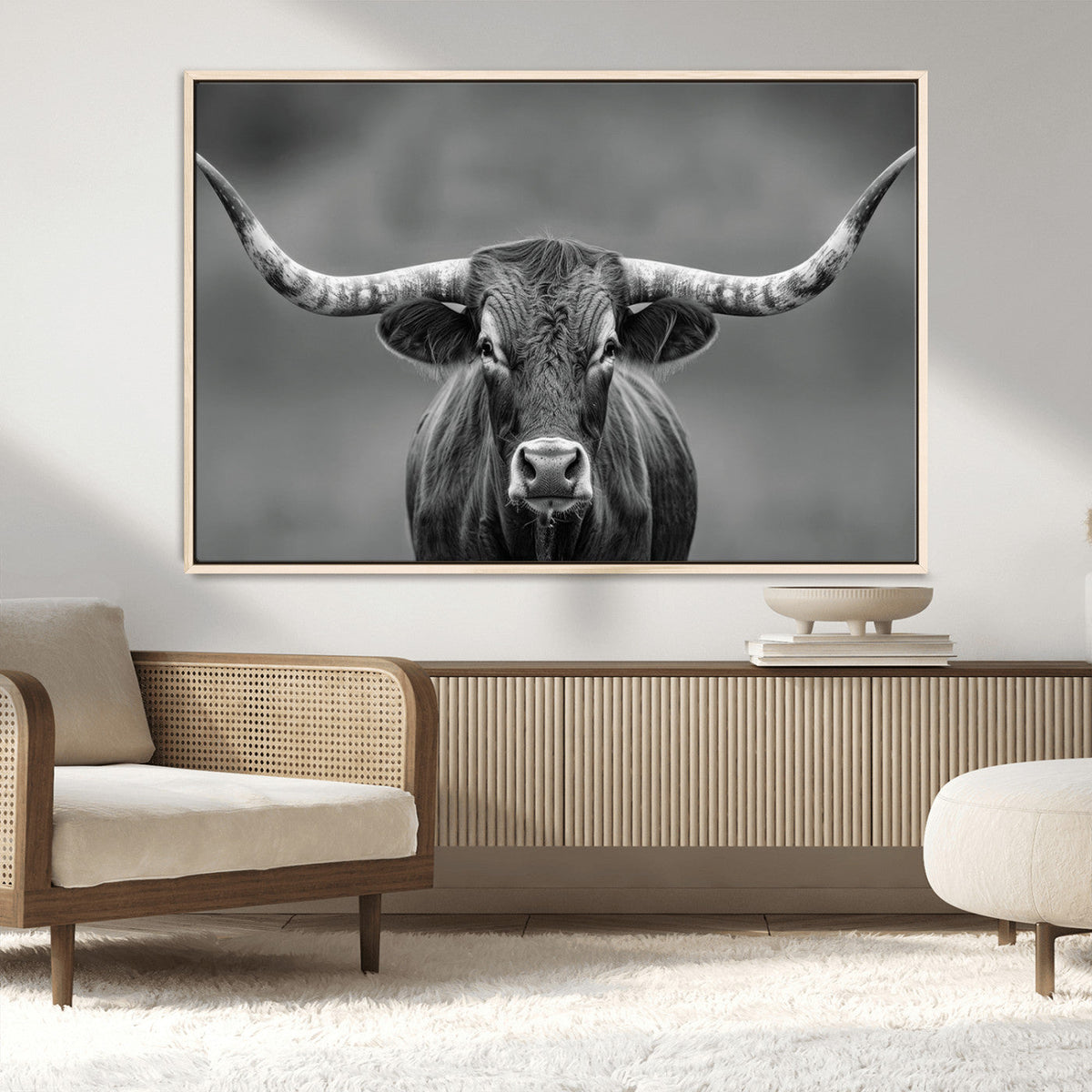 Texas Longhorn Wall Art Canvas Print, Framed Western Bull Photography, Rustic Log Cabin Decor