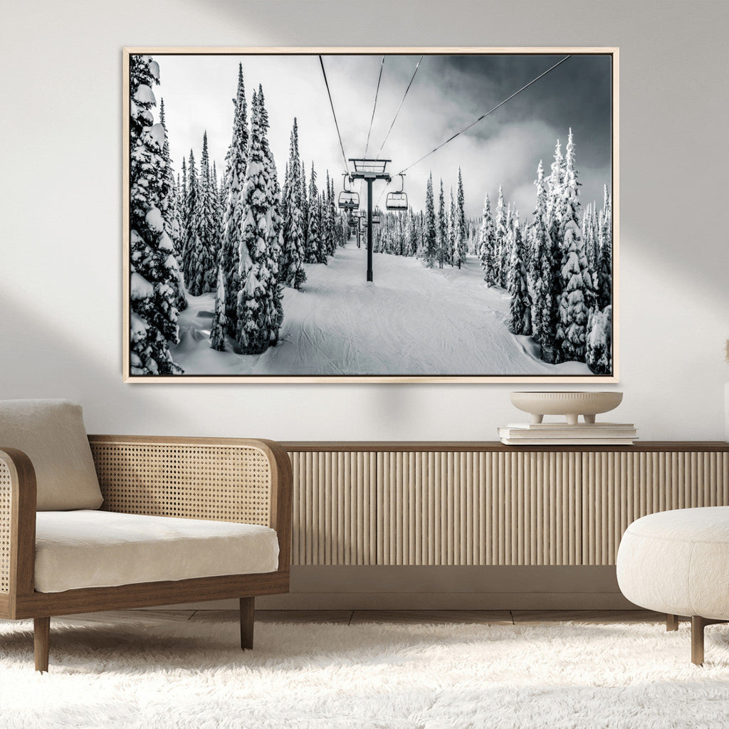Snowy Pines Wall Art Canvas Print | Ski Lift in a Winter Forest