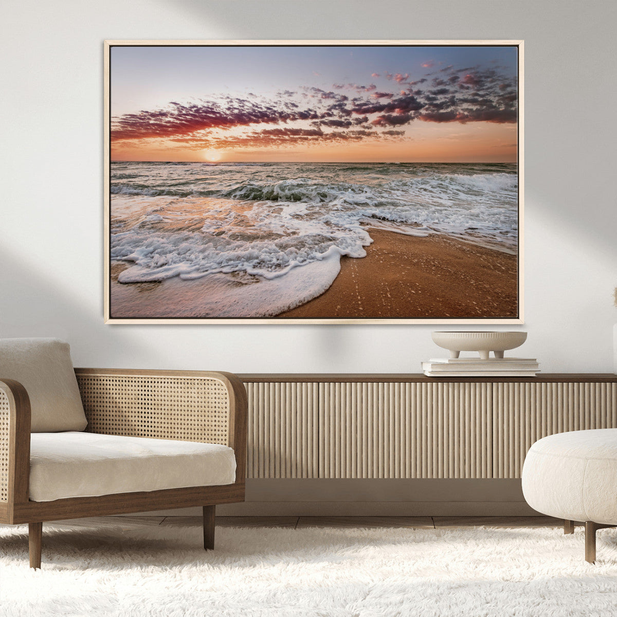 Ocean Sunset Wall Art Canvas Print | Sandy Shore and Gentle Waves