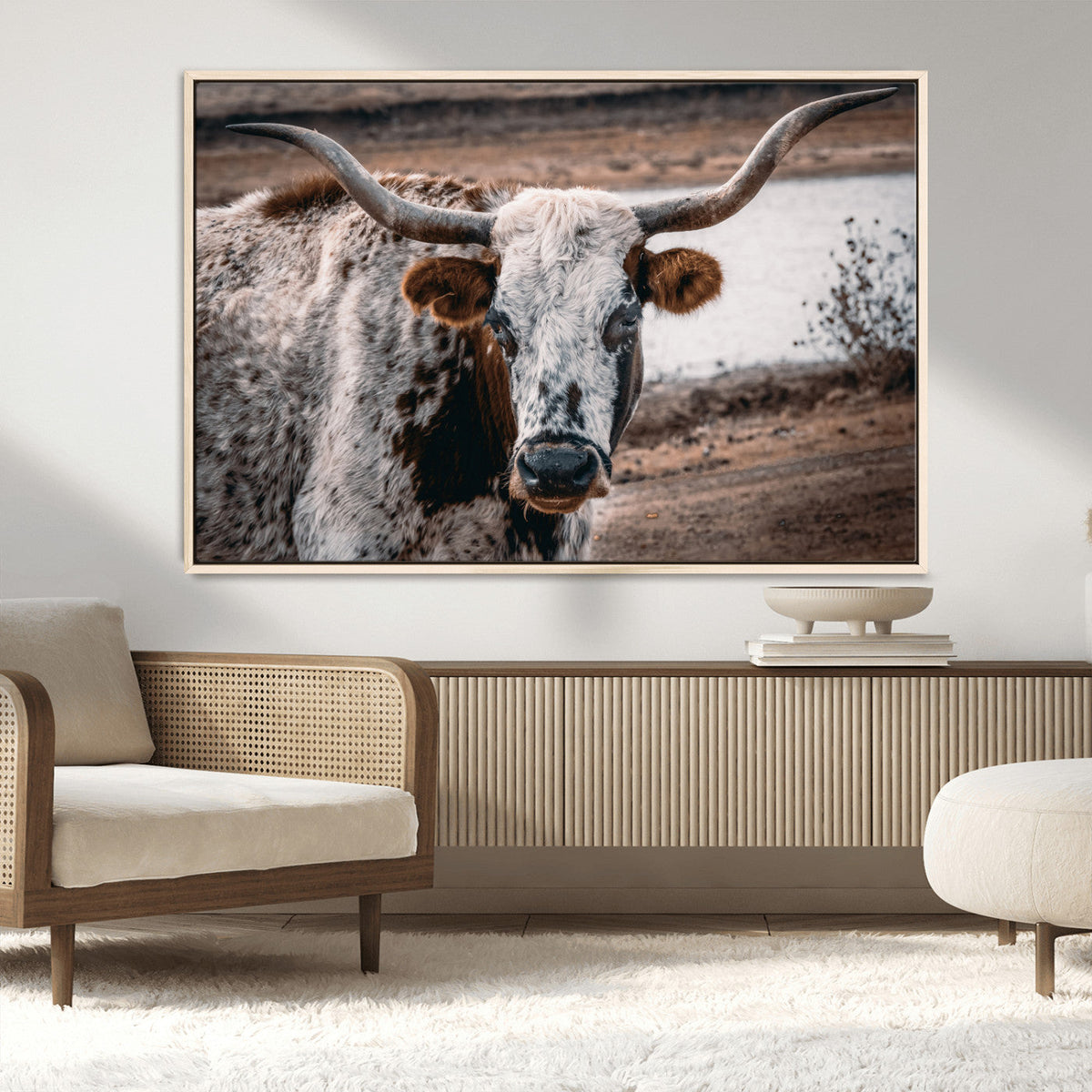 Texas Longhorn Wall Art Canvas Print | Framed Brown and White Spotted Longhorn