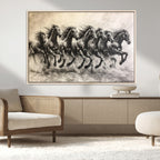 Running Horses Wall Art Canvas Print, Framed Monochrome Galloping Herd Sketch