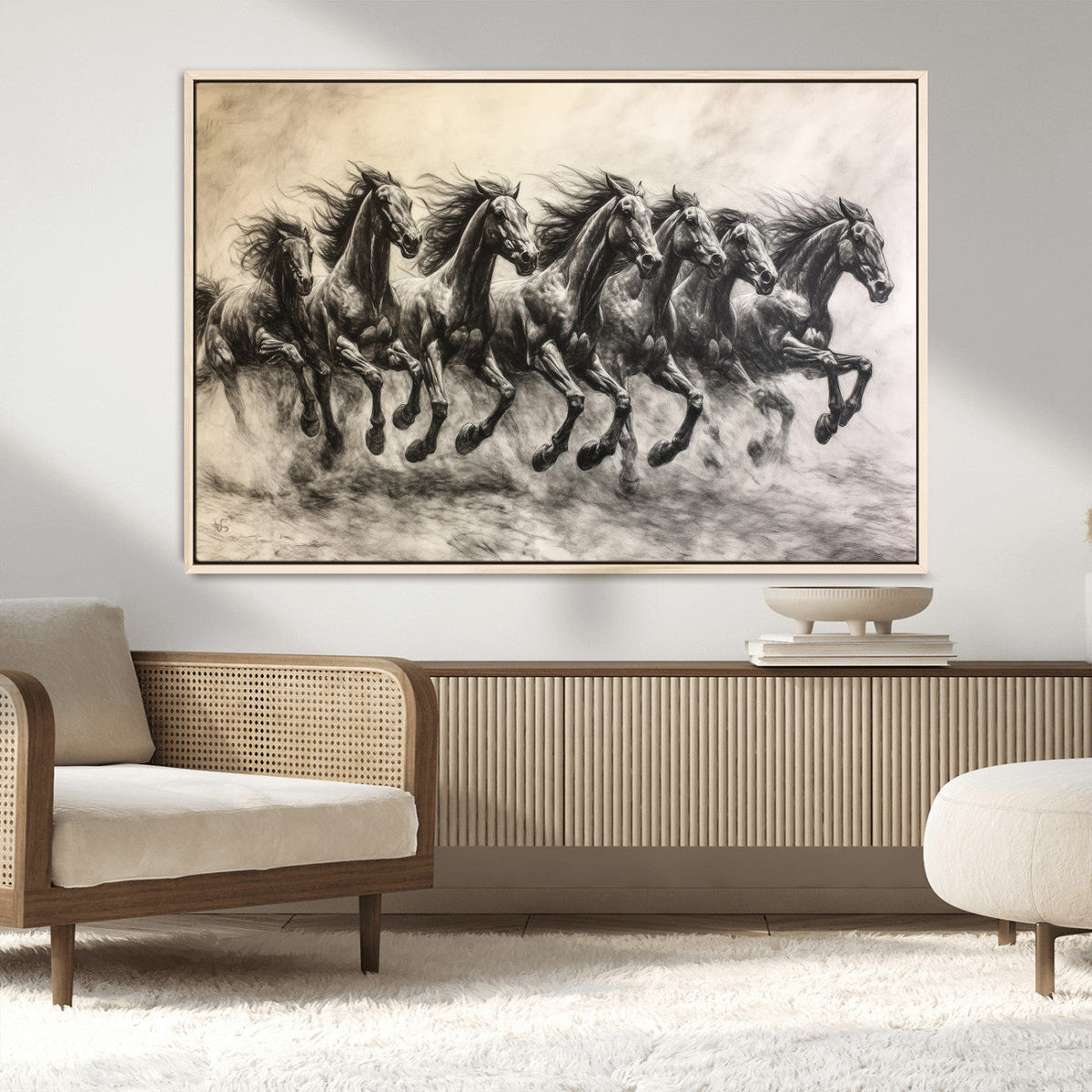 Running Horses Wall Art Canvas Print, Framed Monochrome Galloping Herd Sketch