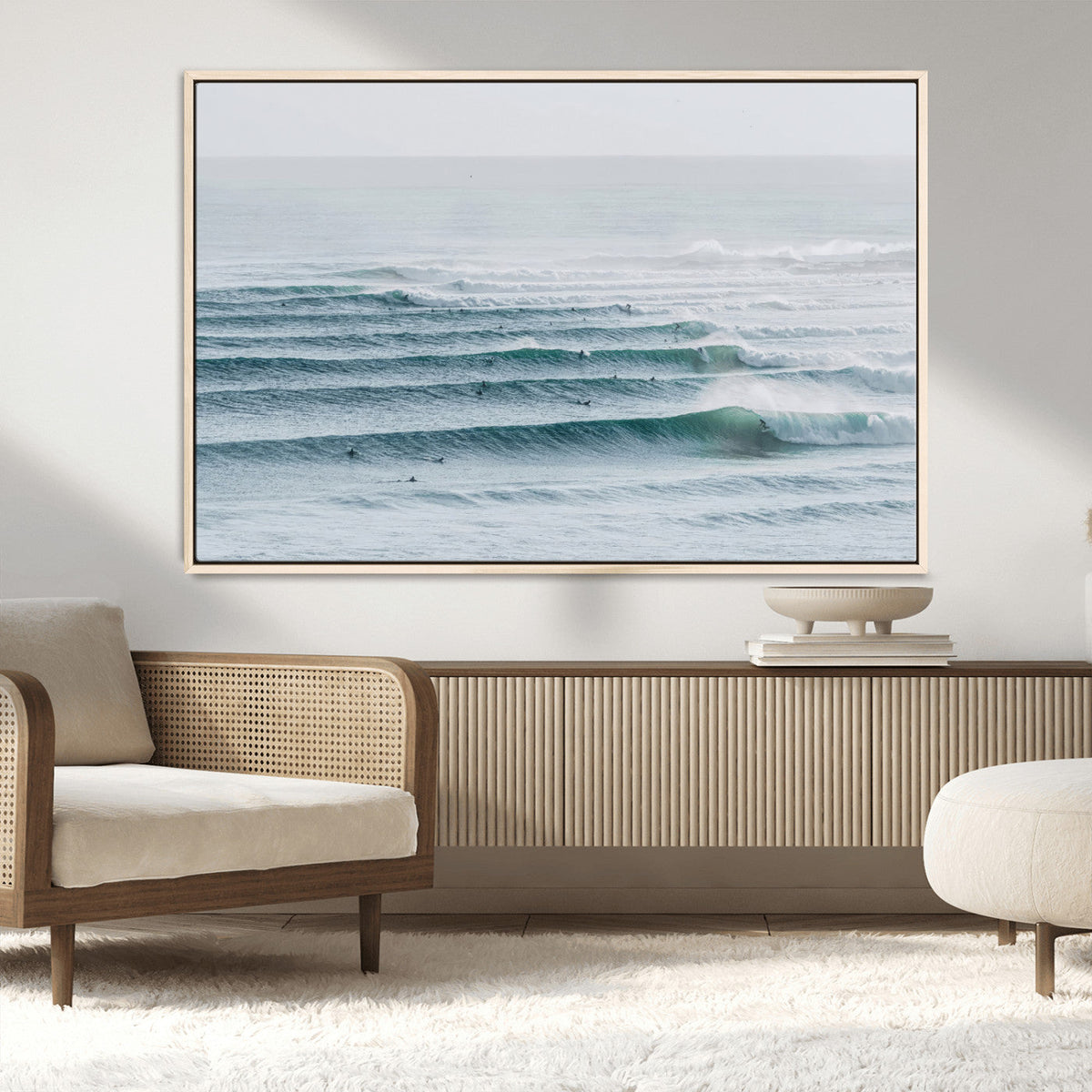 Ocean Waves Wall Art Canvas Print, Framed Surfer Lineup on a Crowded Ocean