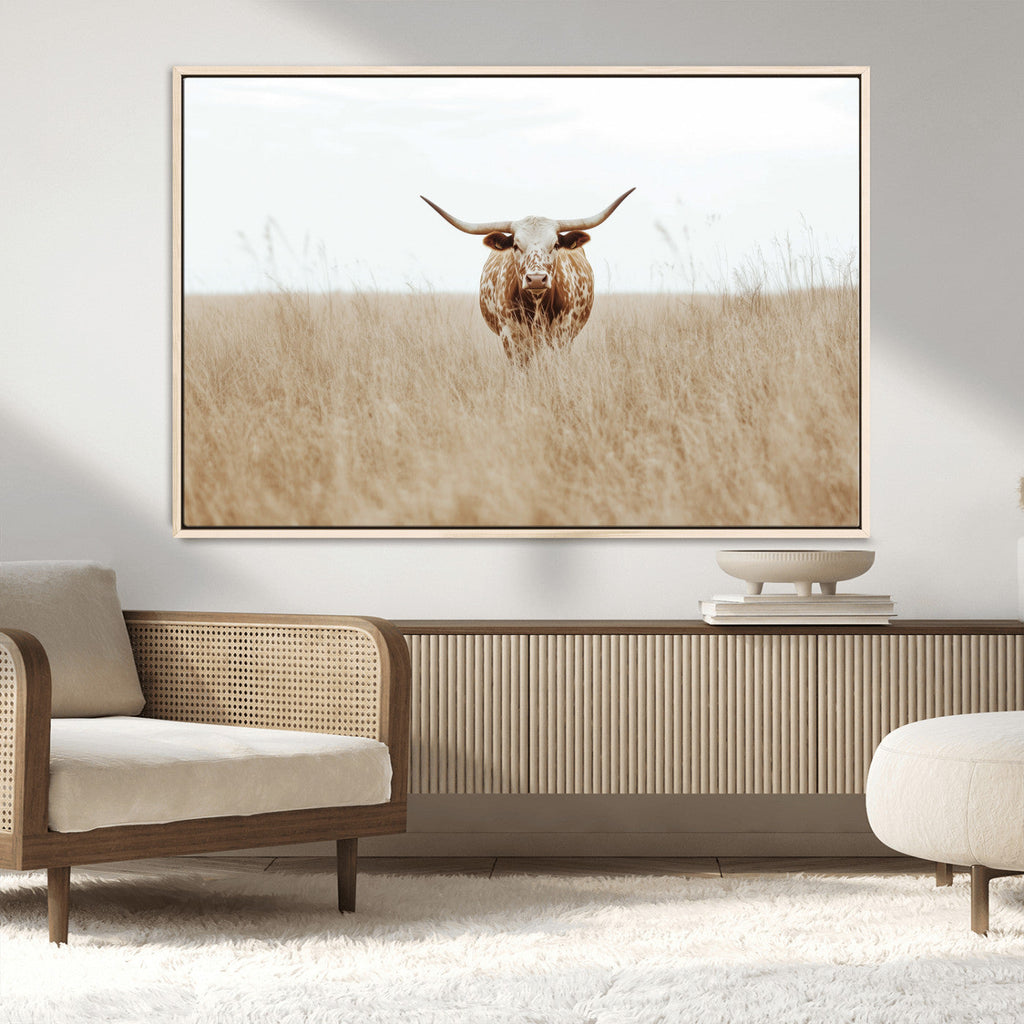 Texas Longhorn Wall Art Canvas Print, Framed Lone Cattle and Longhorn Bull Scene