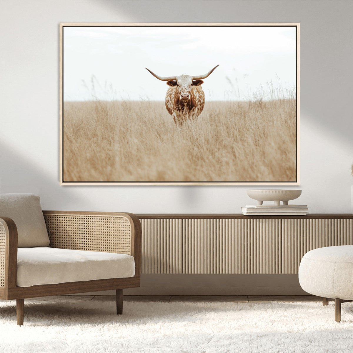 Texas Longhorn Wall Art Canvas Print, Framed Lone Cattle and Longhorn Bull Scene
