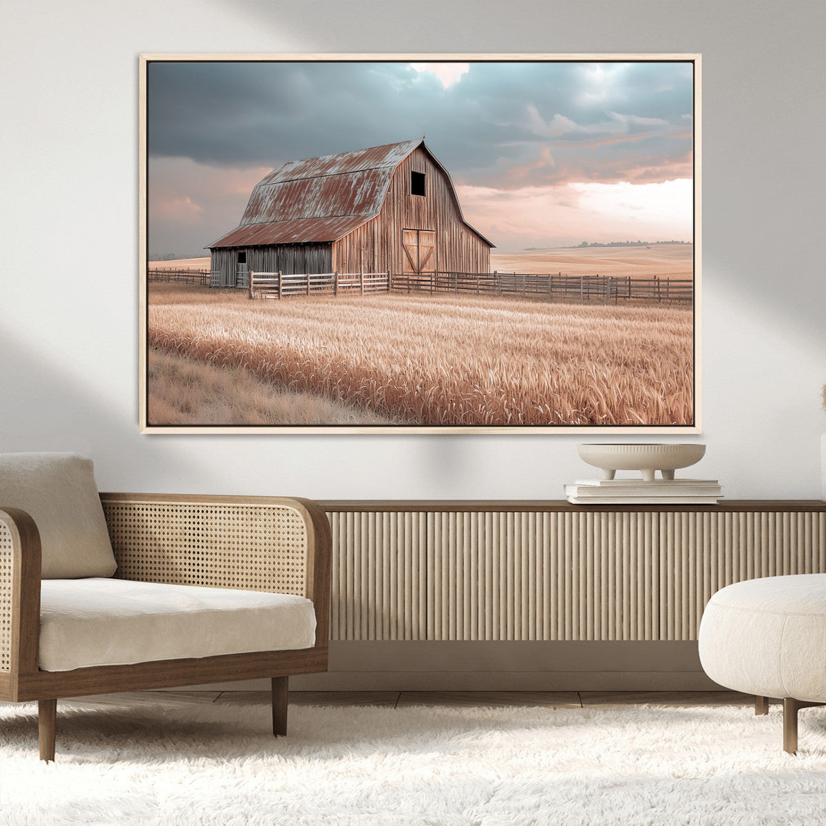 Rustic Barn Wall Art Canvas Print, Framed Wheat Field Scene