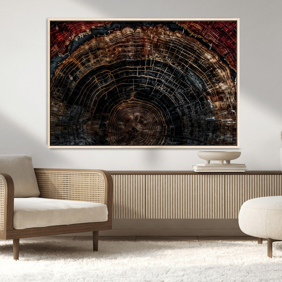 Dark Wood Ring Wall Art Canvas Print, Framed Abstract Tree Slice Print, Rustic Wood Grain Decor