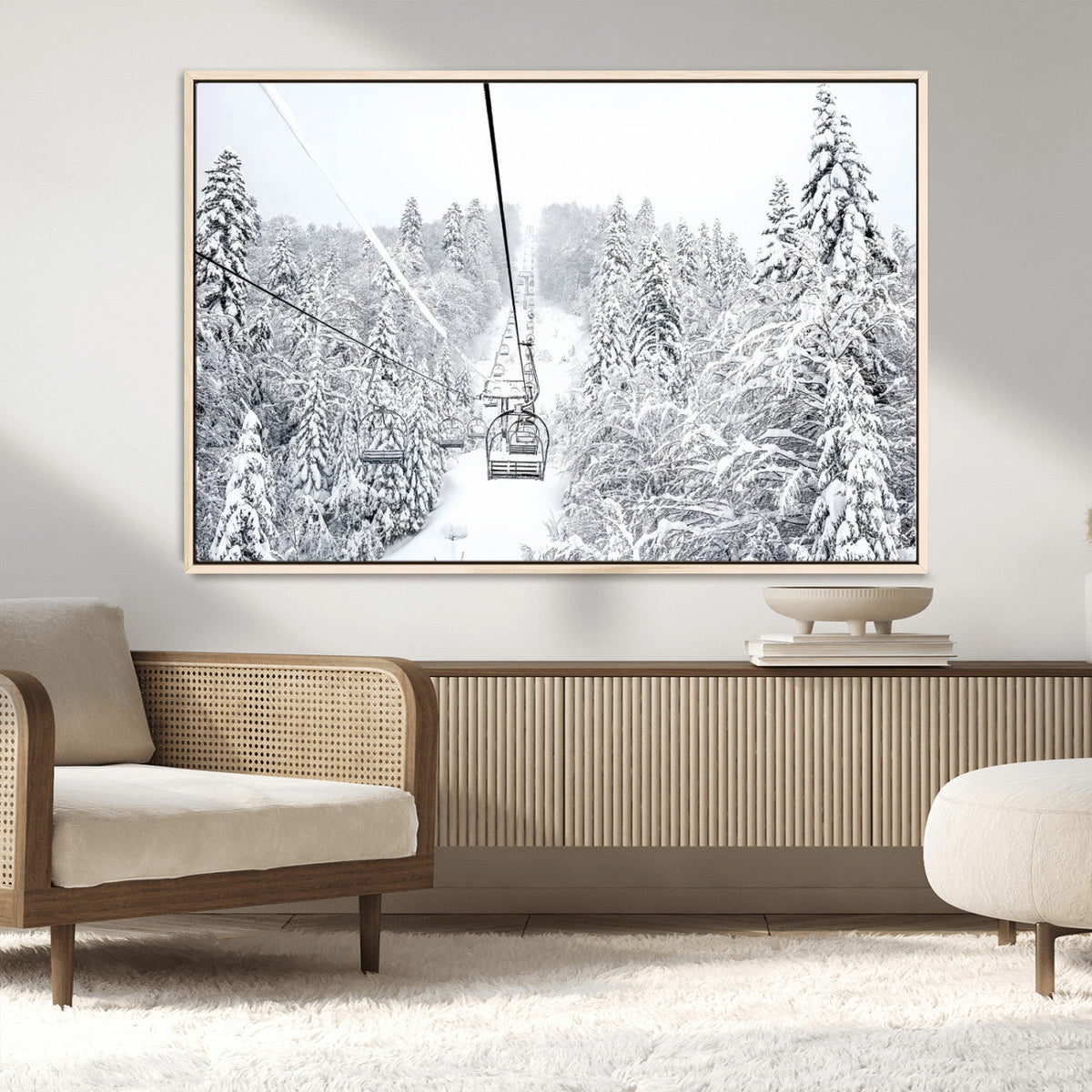 Snowy Ski Lift Wall Art | Framed Winter Mountain Canvas