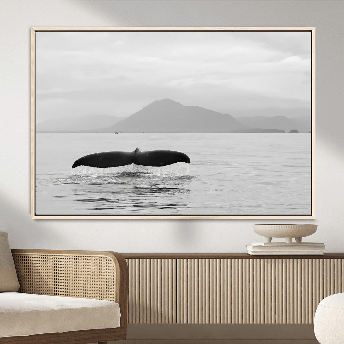 Whale Tail Wall Art | Framed Black White Ocean Canvas