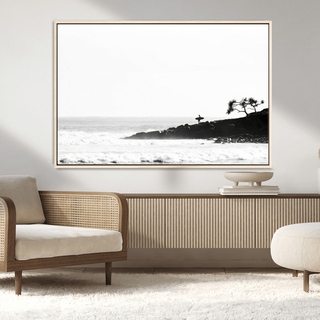 Surfer Cliffs Wall Art Canvas Print, Framed Black White Beach and Ocean Waves