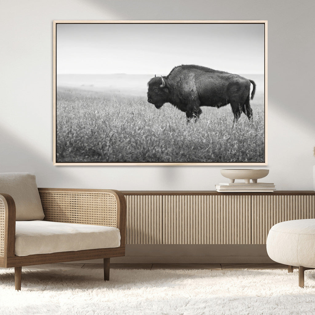 Bison Wall Art Canvas Print, Framed Rustic Wildlife Scene with Wild Buffalo