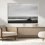Motorcycle Beach Wall Art Canvas Print, Framed Vintage Motorcycle and Biker Silhouette
