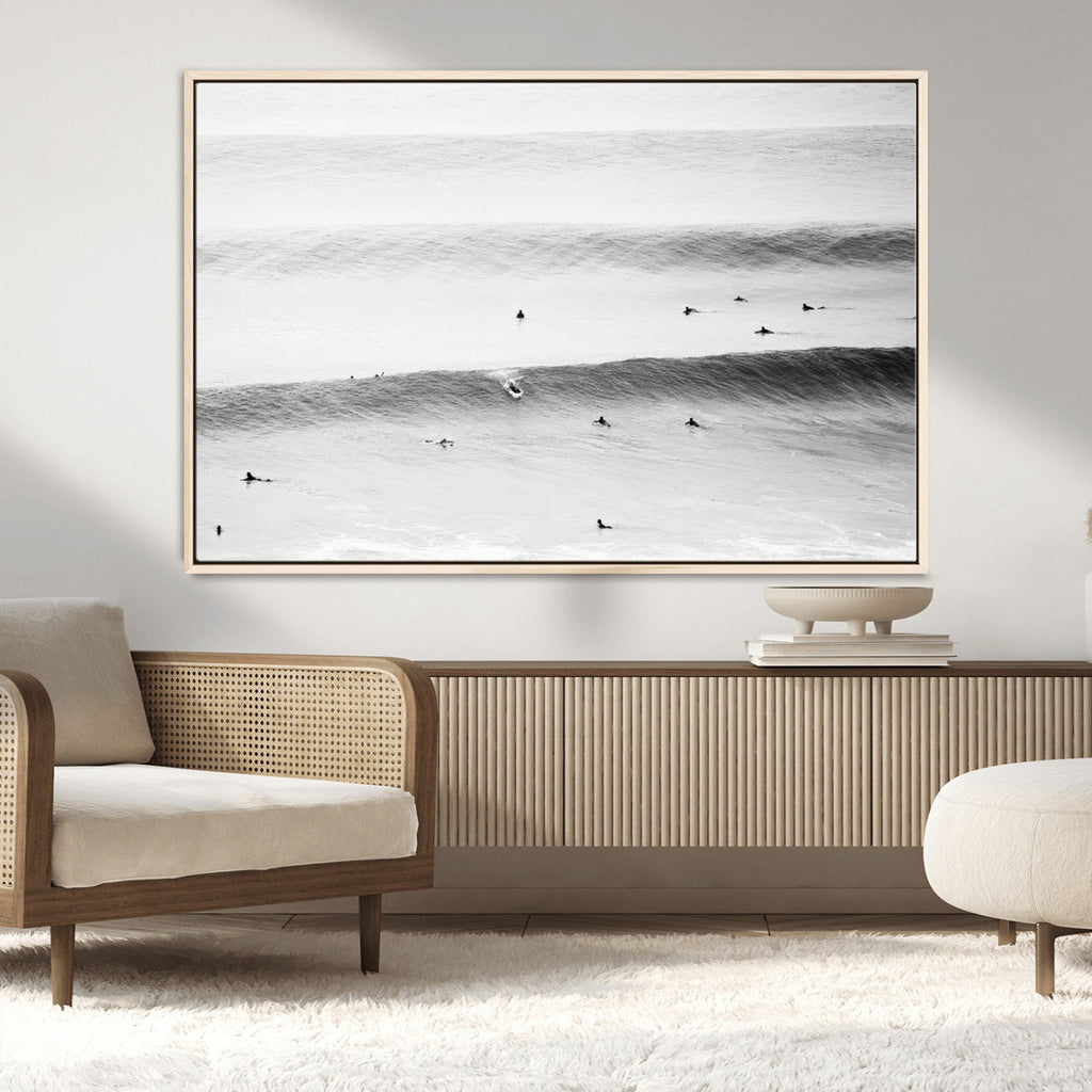 Black White Ocean Wall Art Canvas Print, Framed Coastal Sport and Ocean Swimmers Scene