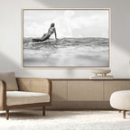 Black and White Surfing Wall Art Canvas Print, Framed Ocean Horizon Surfer Girl