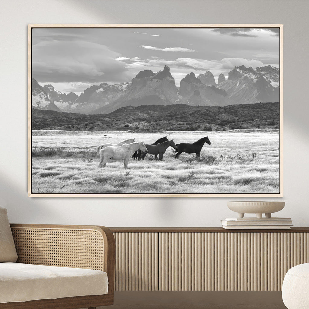 Wild Horses Wall Art | Framed Black White Mountain Canvas