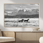 Wild Horses Wall Art | Framed Black White Mountain Canvas