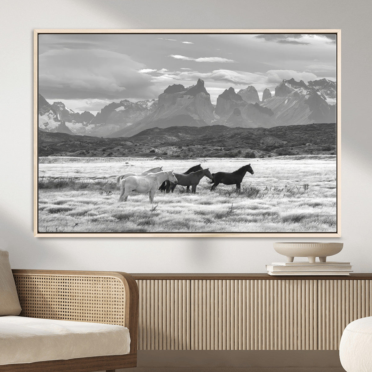Wild Horses Wall Art | Framed Black White Mountain Canvas
