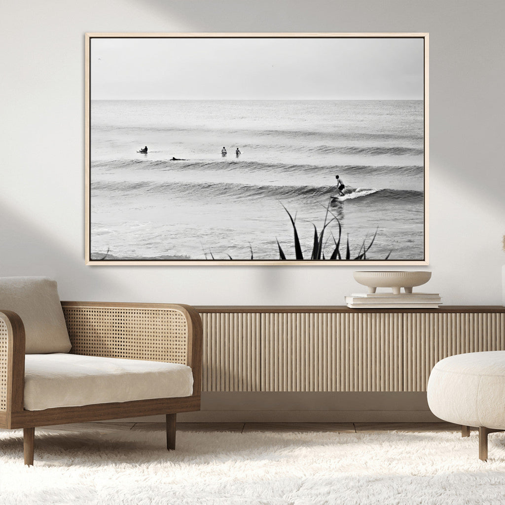 Surfer Silhouette Wall Art Canvas Print, Framed Calm Ocean Monochrome Surf