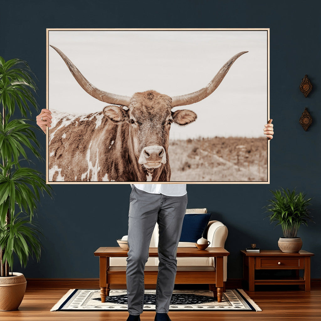 Longhorn Cow Wall Art Canvas Print, Framed Texas Ranch Print, Western Bull Art, Cowboy Decor