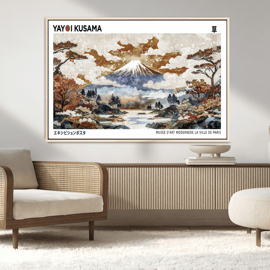 Modern Japanese Mount Fuji Canvas Art Print, Yayoi Kusama Wall Art, Framed Abstract Japanese Landscape