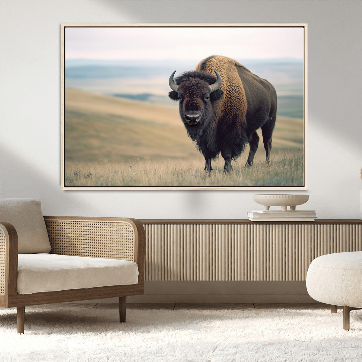 Bison Wall Art Canvas Print, Framed American Buffalo Rustic Western Artwork