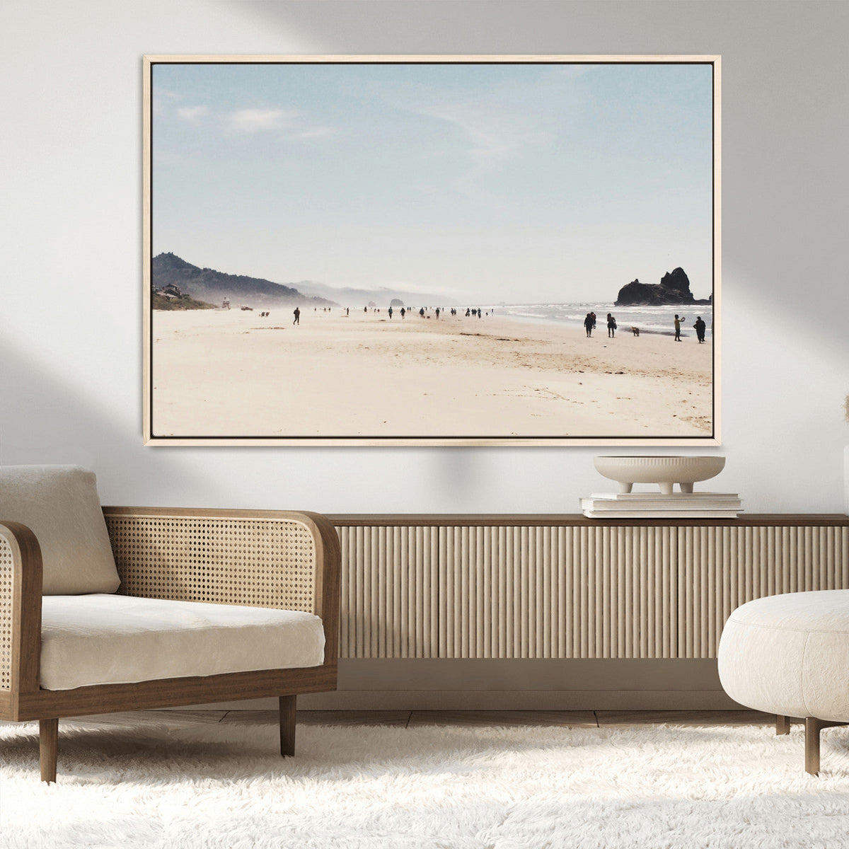 Minimalist Beach Wall Art Canvas Print, Framed Coastal Serenity Soft Sand