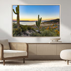 Saguaro Cactus Wall Art Canvas Print, Framed Desert Sunset Southwestern
