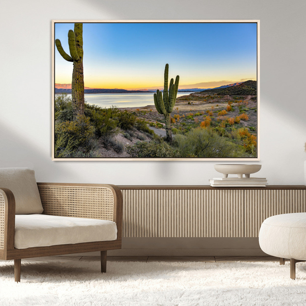 Saguaro Cactus Wall Art Canvas Print, Framed Desert Sunset Southwestern