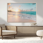 Beach Sunset Wall Art Canvas Print, Framed Ocean Waves Summer Escape